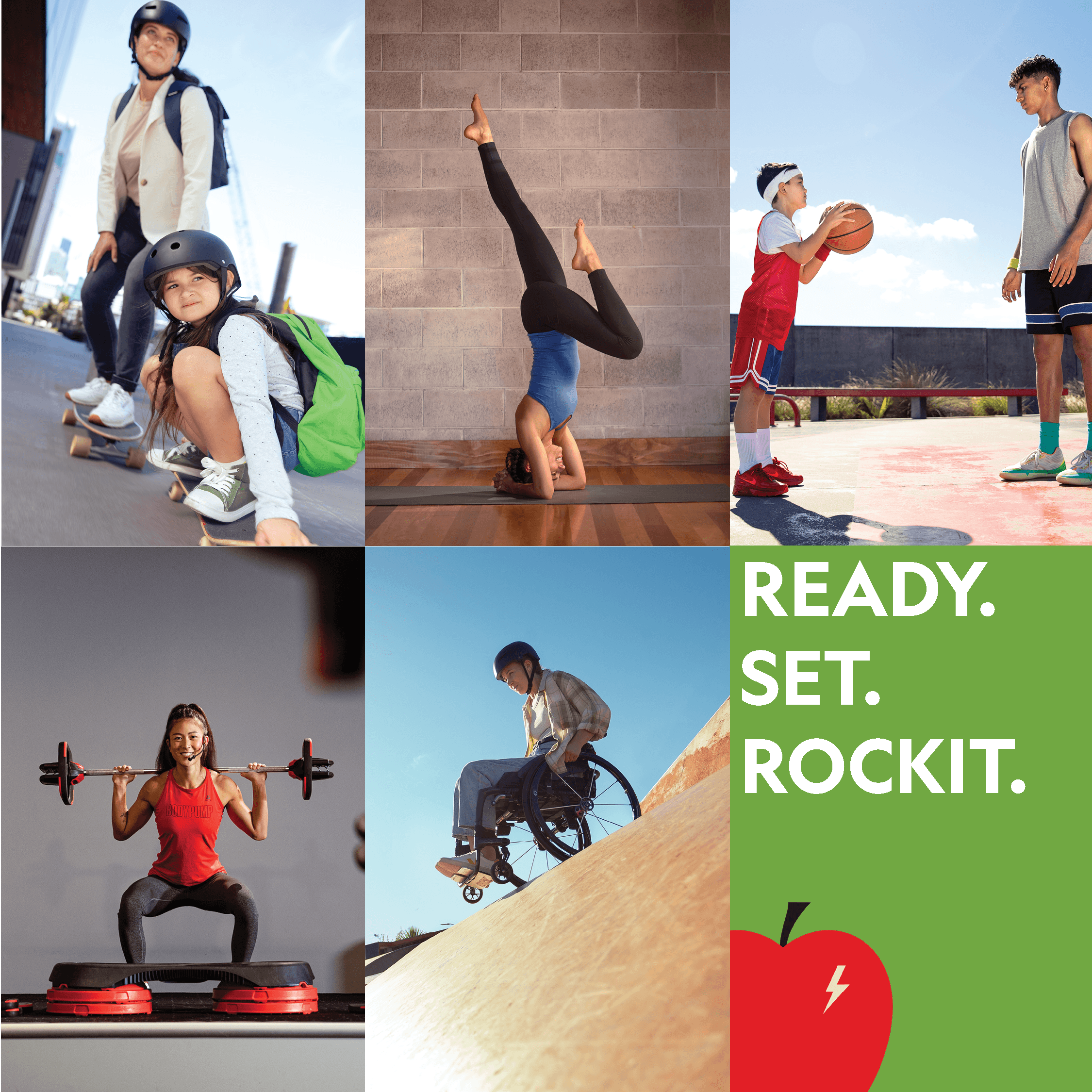 Collated image with 6 scenario's - Mum & child skateboarding, lady doing a headstand, small child up against a teenager shooting a basketball into a hoop, lady running a gym class doing a weighted squat, girl in a wheelchair going down a ramp.